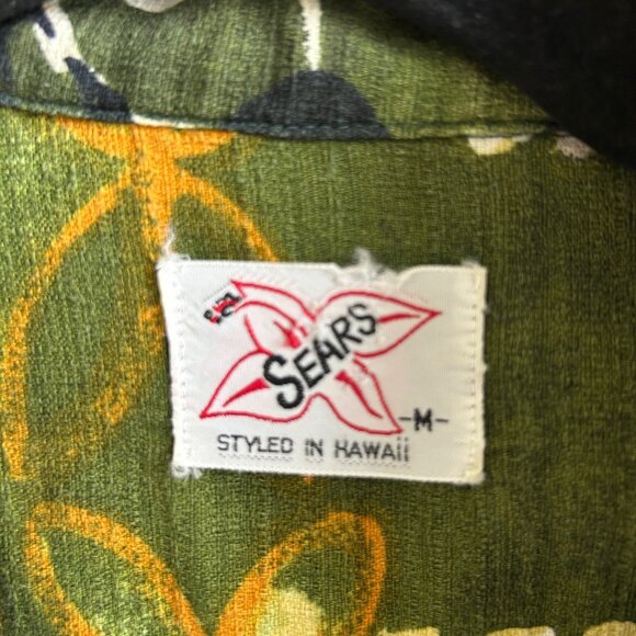 Vintage 60's Hawaiian Green Tribal Barkcloth Loop Collar Sears Shirt - Picture 5 of 12